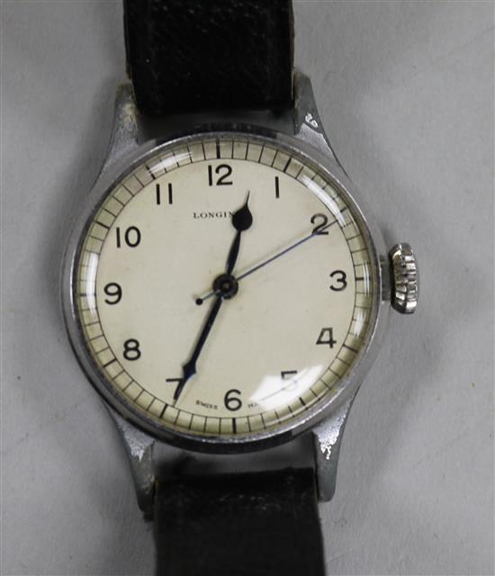 A gentlemans steel Longines military issue manual wind wrist watch,